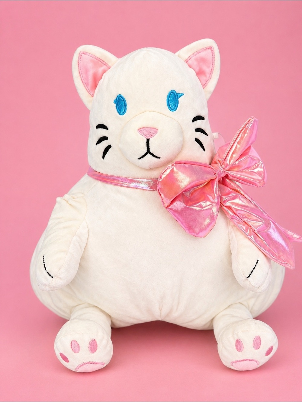 🧸 2/$58 WAY TO CELEBRATE NWT Adorable Large Cream Cat Plush Holographic Pink Bow